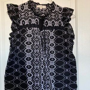 Ann Taylor LOFT sleeveless top, ruffle sleeve, Black White embroidery, Size LP